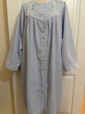 Collette by Miss Elaine Blue & White Striped House Robe with Floral Yoke XL